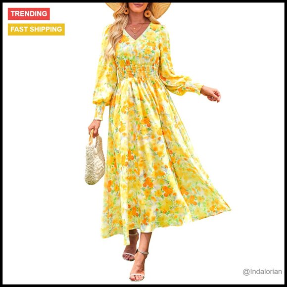Floral Maxi Dress Long Sleeve V Neck Boho Flowy Wedding Guest Party